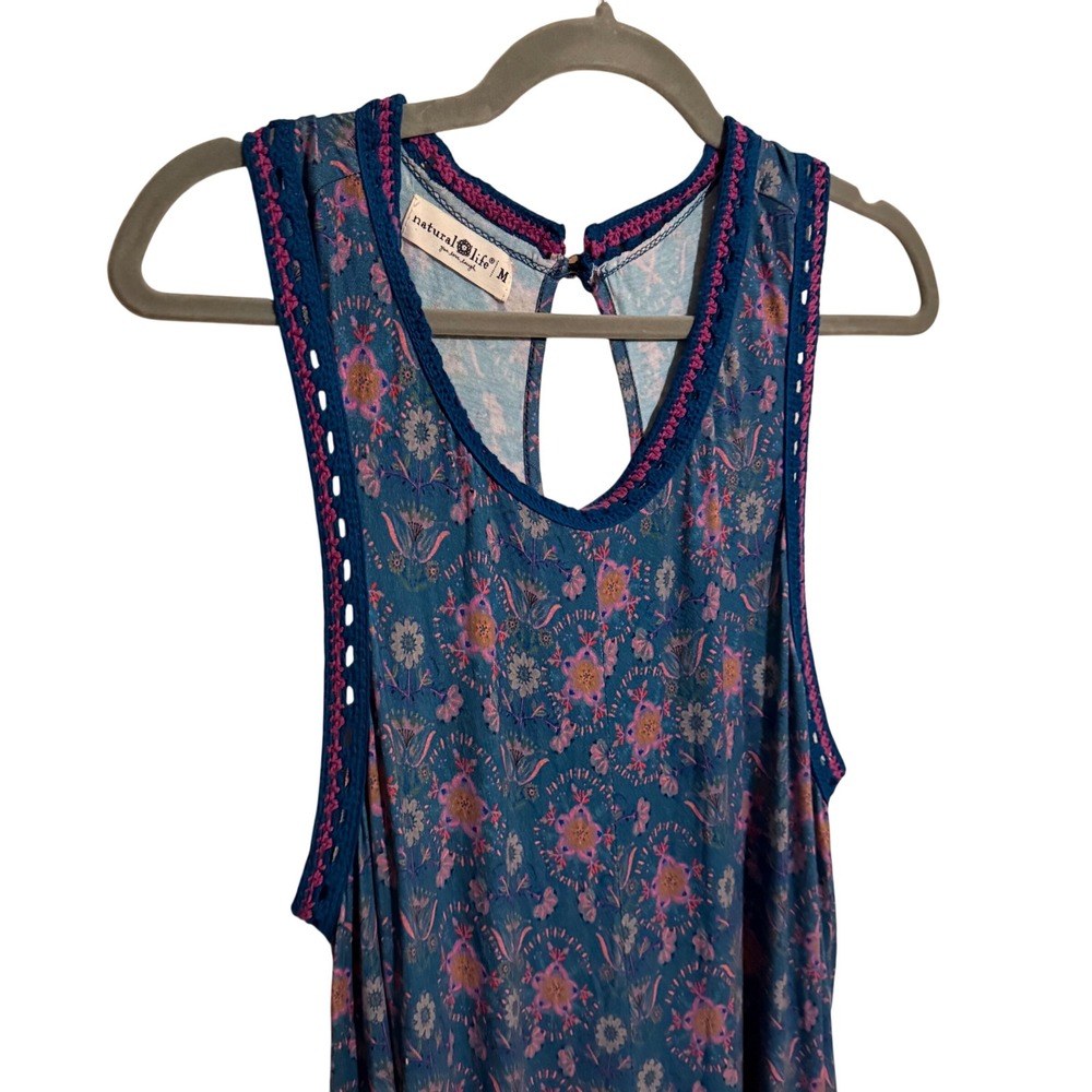Natural Life Blue Floral Crochet Trim Wide Leg Jumpsuit Medium Boho Lounge - Picture 3 of 8